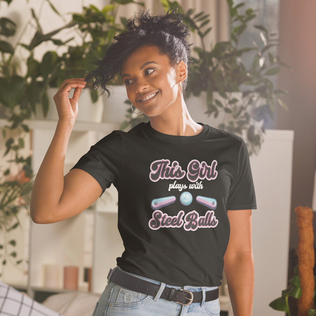 Female Pinball Player T-Shirt | Perfect for Pinball Enthusiasts and Arcade Lovers, Pinball Gaming Apparel for Women, Unisex